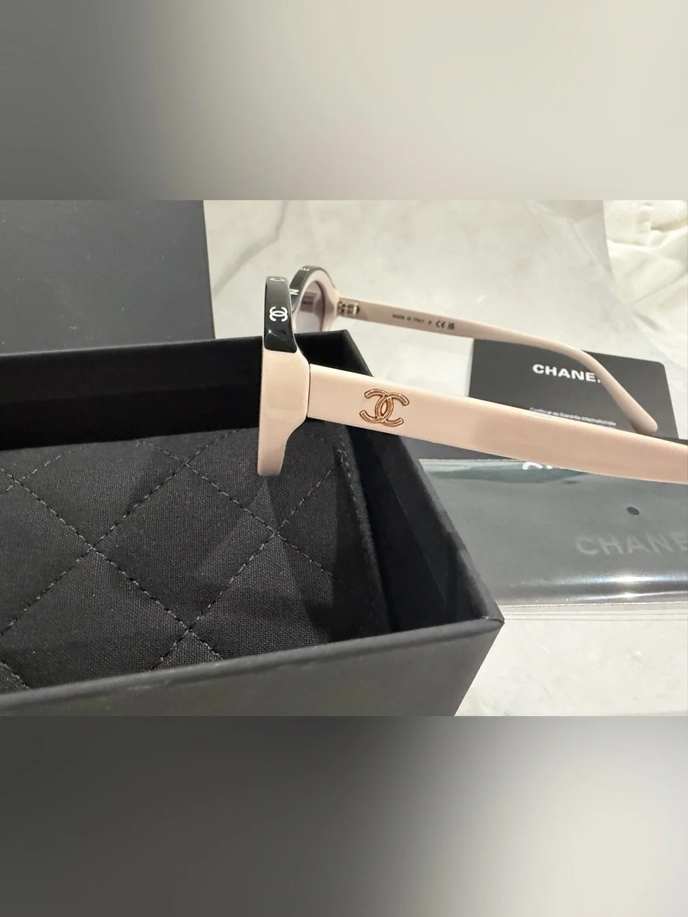 Beige/Pink Tone and Black Cat-Eye Sunglasses with Dark Lenses